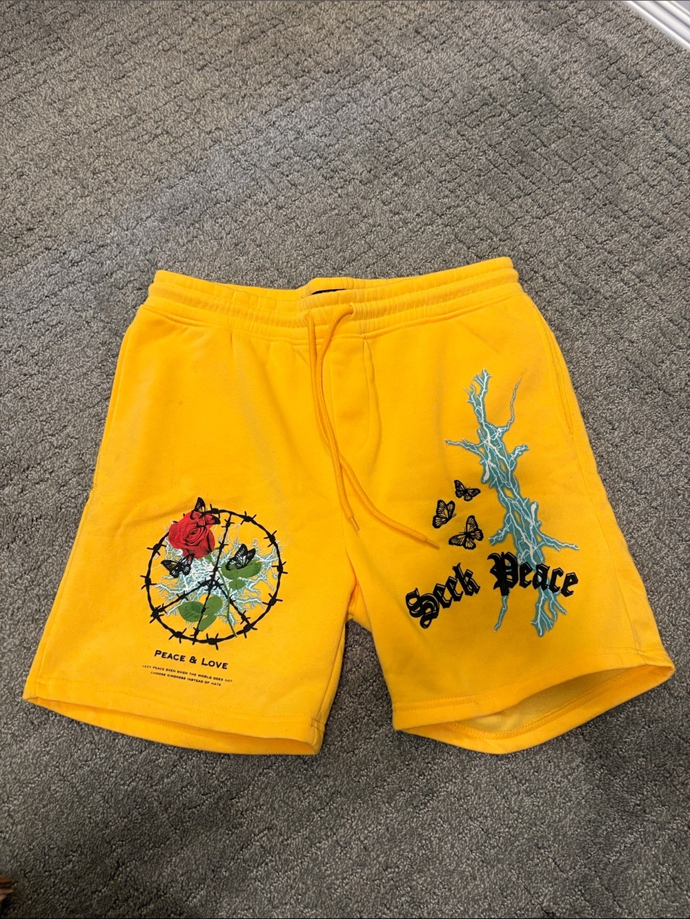 Yellow Graphic Mens Shorts with Peace & Love Print